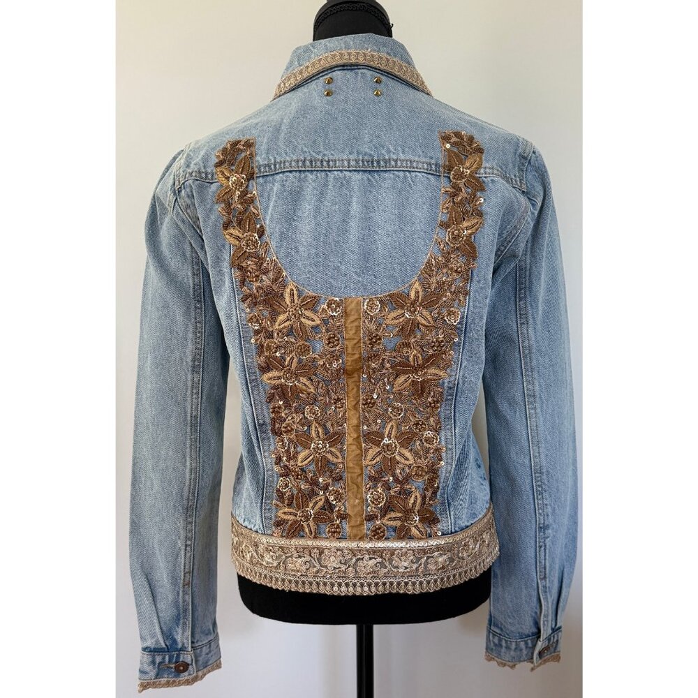 Denim Jacket Hand Embellished with appliqué, sequins, beads and embroidery - Picture 5 of 17